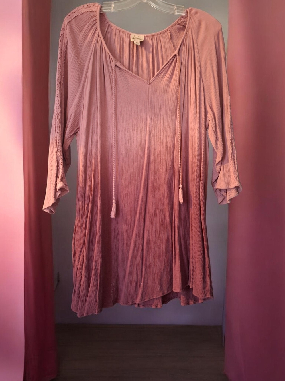 Como Vintage Pink Ombre Tassel Peasant Tunic